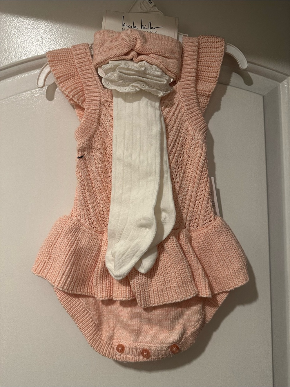 Nicole Miller Peach Knit Ruffle Baby One-Piece with Cream Tights-18mo